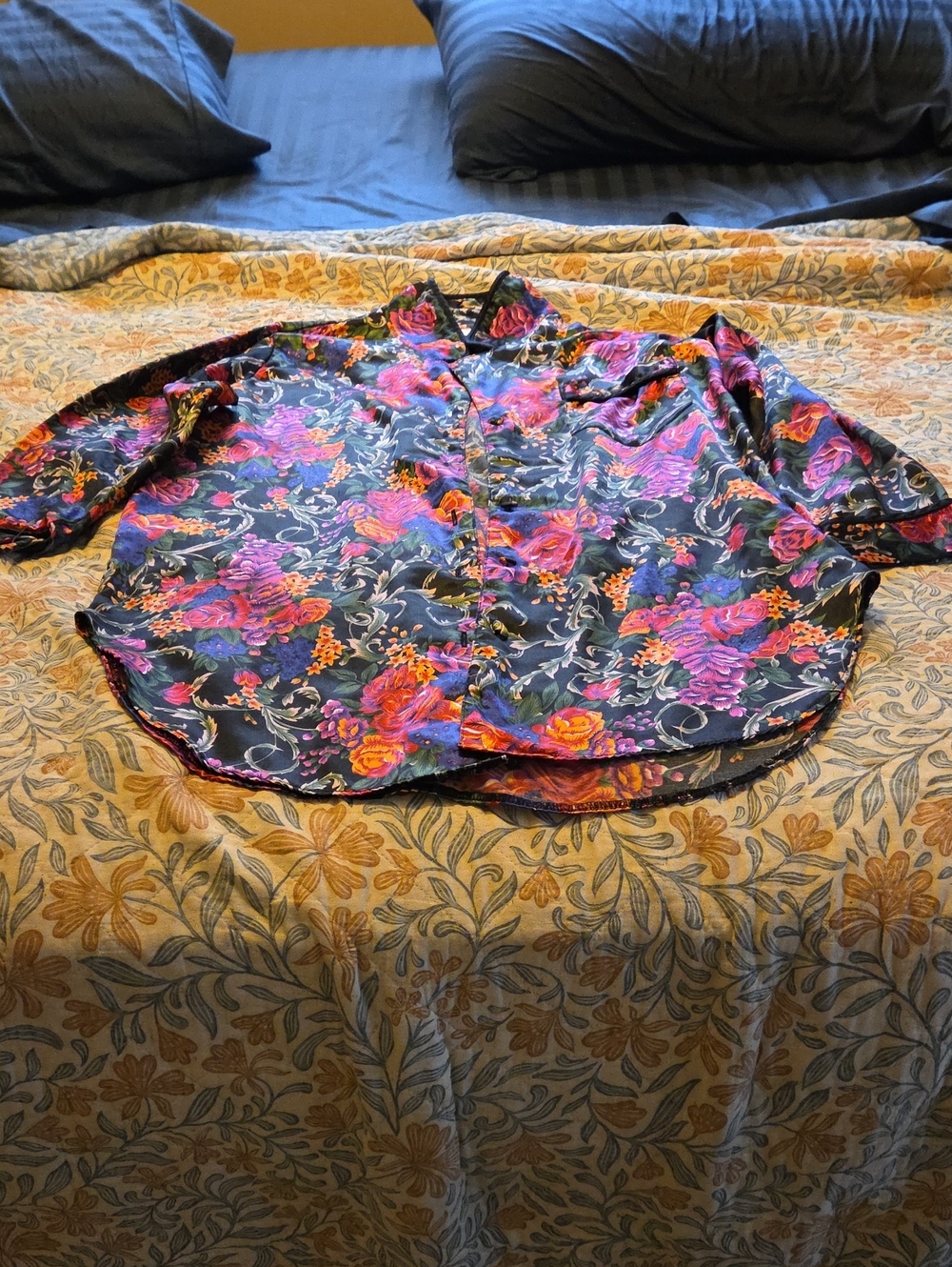 Women's Floral Satin Pajama Top in Black with Pink & Orange Blooms